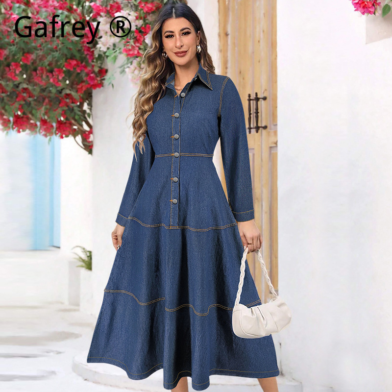 Belted Shirt Dress - Neues Modisches Denim-Jeanshemdkleid Langarm Reverskragen Taillengürtel