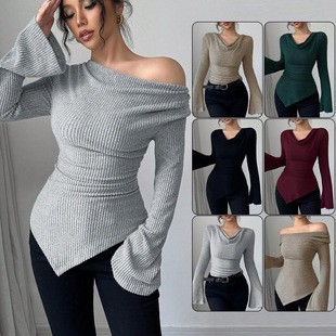 Off Shoulder Top - Damen-Bluse mit Langen Ärmeln, Einfarbig, Gerippter