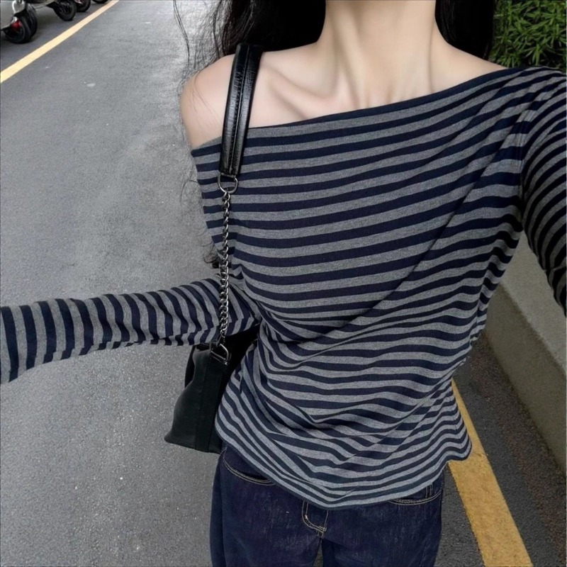 Off Shoulder Top - Damen Vintage Gestreiftes Off-Shoulder Langarm-Oberteil Koreanischer
