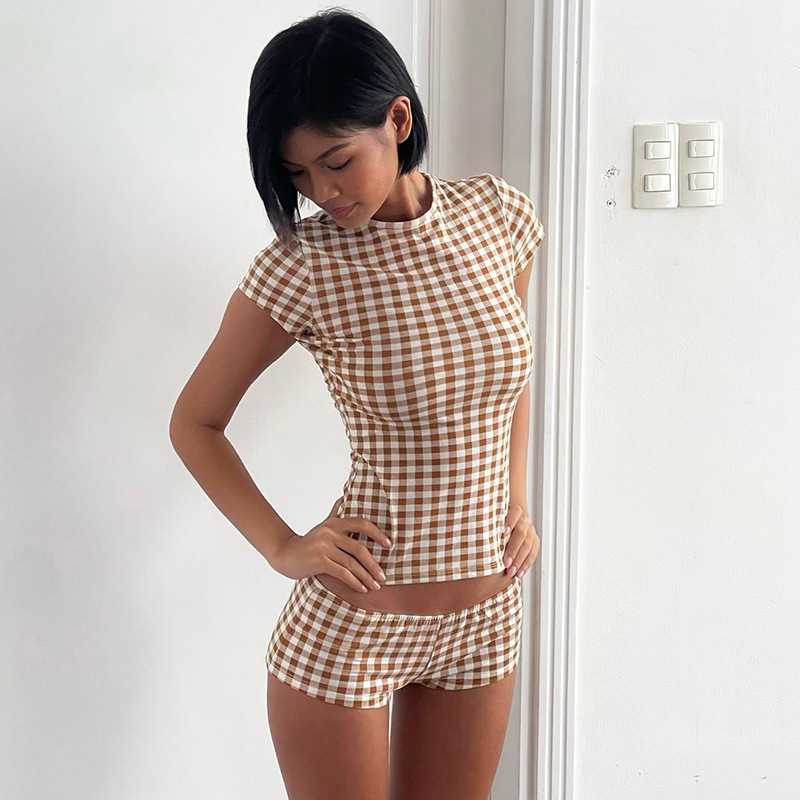 Women'S Fashion Pajamas - 2026 Sommer Mode Bedrucktes Kariertes Kurzarm-Shorts-Set
