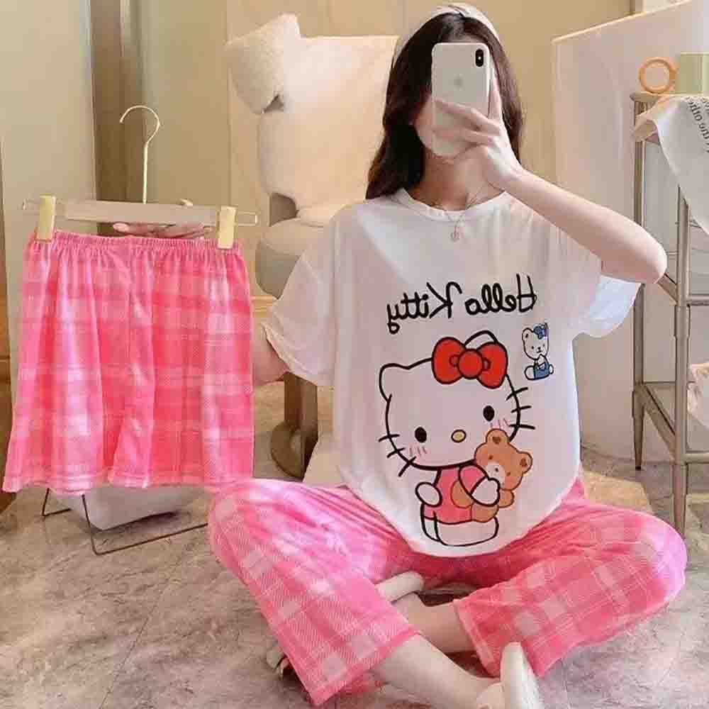 Women'S Fashion Pajamas - Hello Kitty Damen-Pyjama-Set, 3-teilig, Kawaii-Cartoon, lässige
