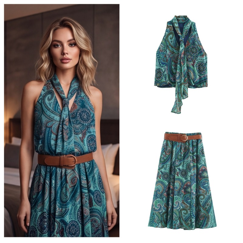 Belted Shirt Dress - Vintage bedruckte Gürtel-Maxiröcke, zweiteilige Sets für