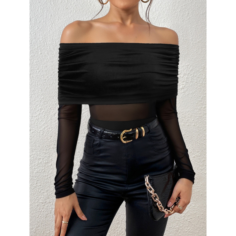 Off Shoulder Top - Schulterfreies, langärmliges, figurbetontes T-Shirt für Frühling
