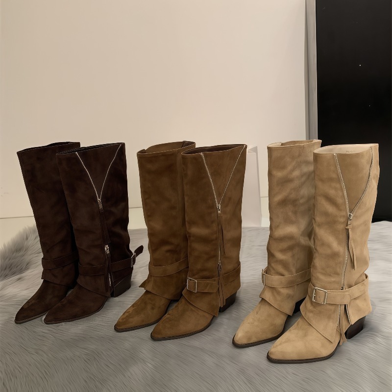 Women Fashion Youtube - Damenstiefel aus Vintage-Wildleder, Lässige Lange Stiefel