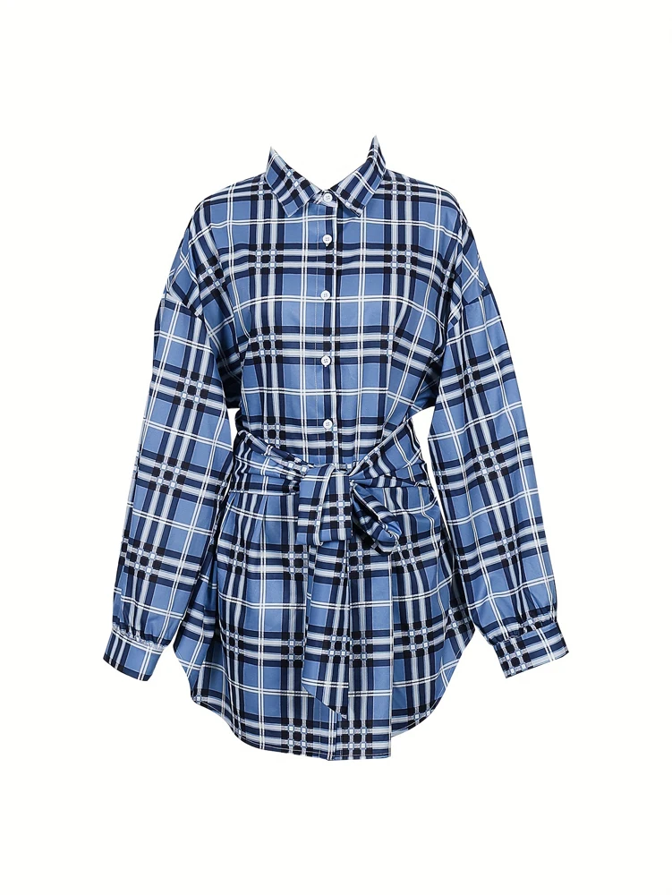 Belted Shirt Dress - Damen Kariertes Hemdkleid mit Elastischer Hoher