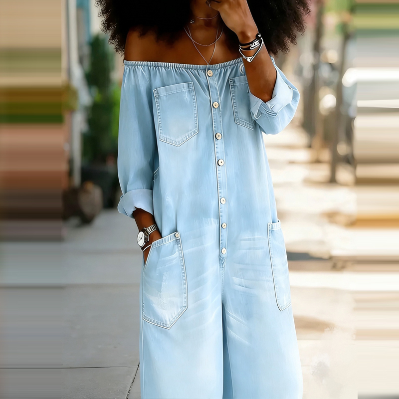 Eleganter schulterfreier Denim – Women'S Fashion Vintage Off Shoulder Long Sleeve Jumpsuit Bewertung und Preis